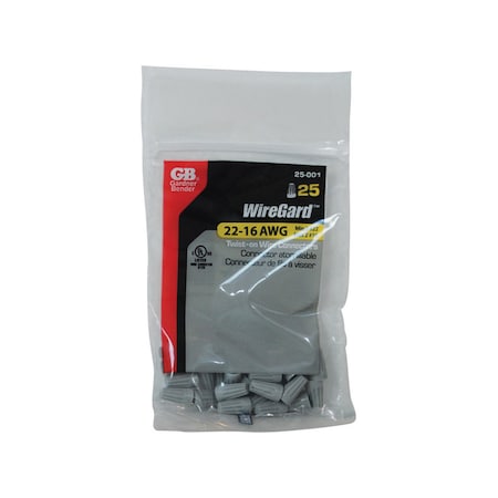 Wiregard Twist-On Wire Connector, 16 AWG Max, Gray, Polypropylene Insulation, 25 PK 25-001